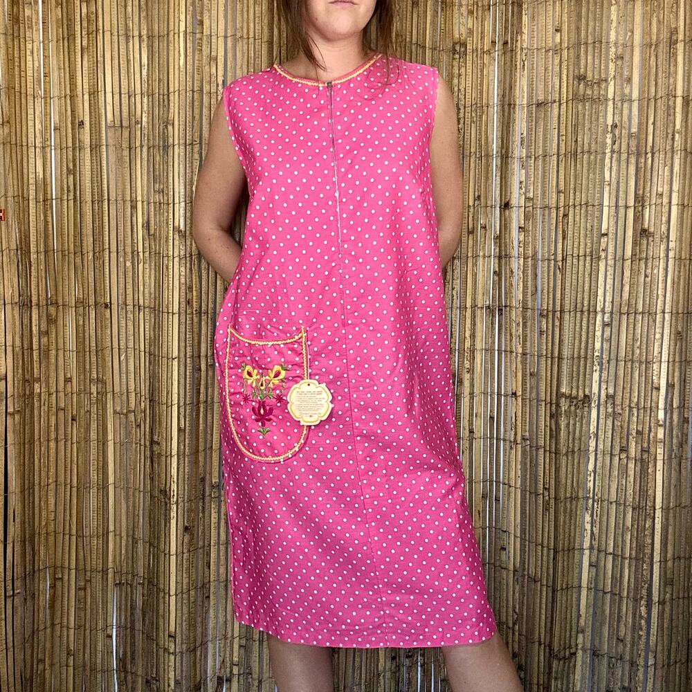 Vintage 1960s Deadstock Pink Polka Dot Cotton Shift Dress Rick Rack Floral